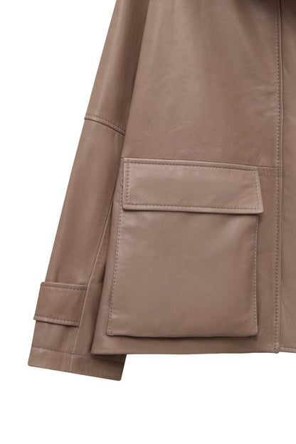Fancy Kadın Bej Devrik Yaka Oversize Deri Mont