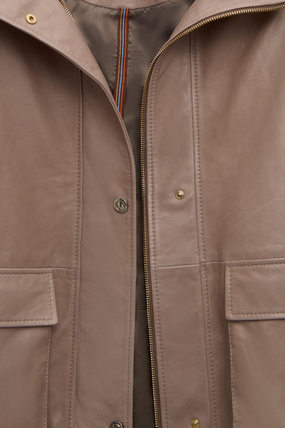 Fancy Kadın Bej Devrik Yaka Oversize Deri Mont