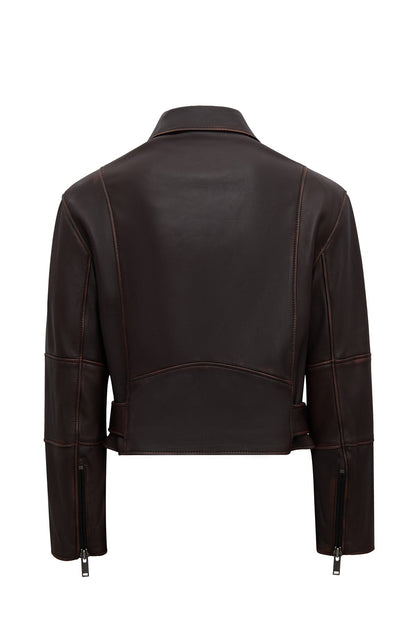 Love Kadın Kahverengi Gömlek Yaka Vintage Oversize Deri Ceket