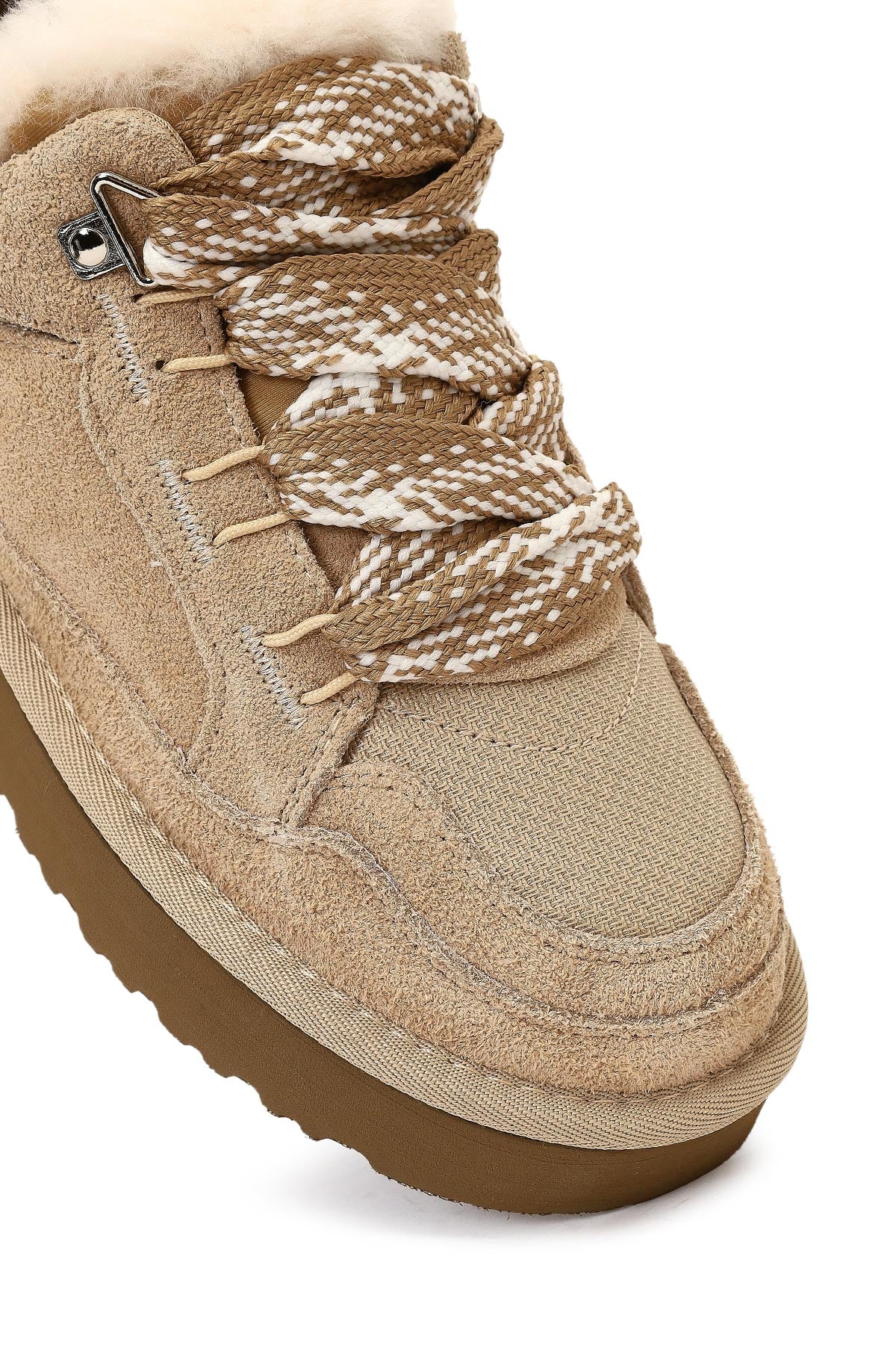 Kadın Bej Bağcıklı Kalın Tabanlı Tüylü Süet Deri Teddy Sneaker