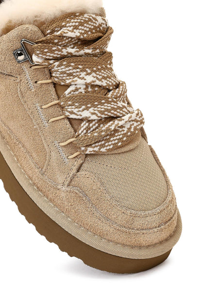 Kadın Bej Bağcıklı Kalın Tabanlı Tüylü Süet Deri Teddy Sneaker