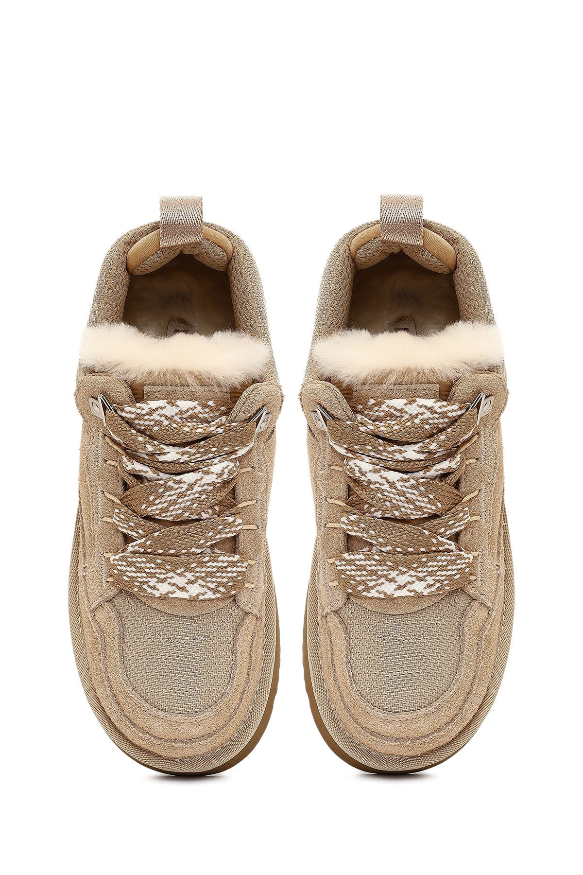 Kadın Bej Bağcıklı Kalın Tabanlı Tüylü Süet Deri Teddy Sneaker