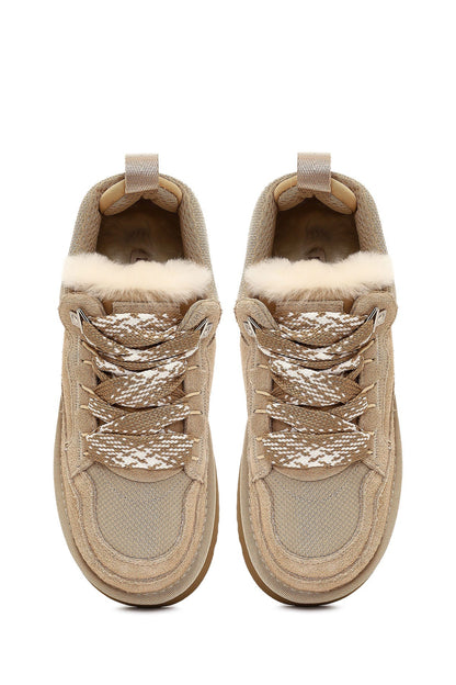 Kadın Bej Bağcıklı Kalın Tabanlı Tüylü Süet Deri Teddy Sneaker