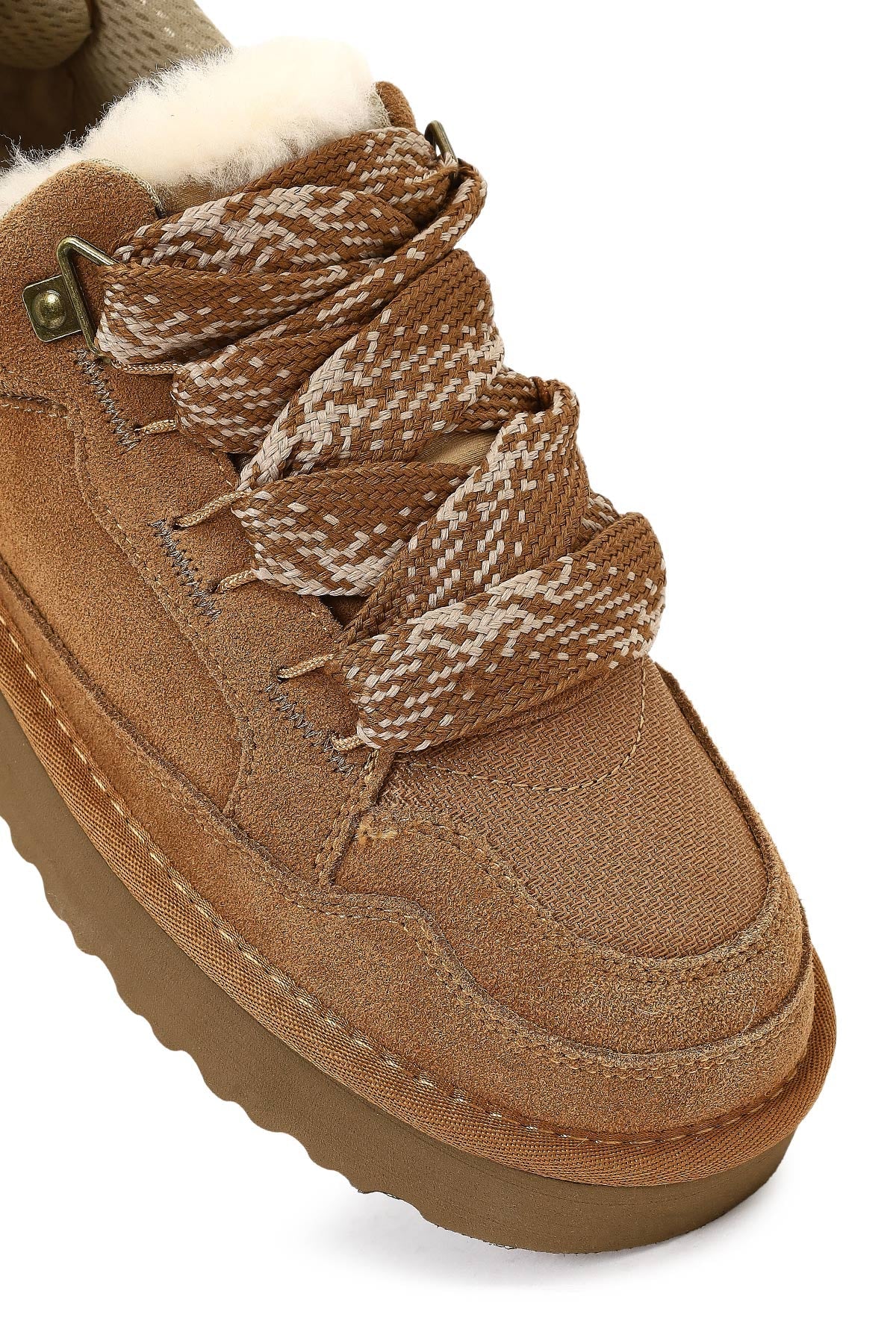 Kadın Camel Bağcıklı Kalın Tabanlı Tüylü Süet Deri Teddy Sneaker