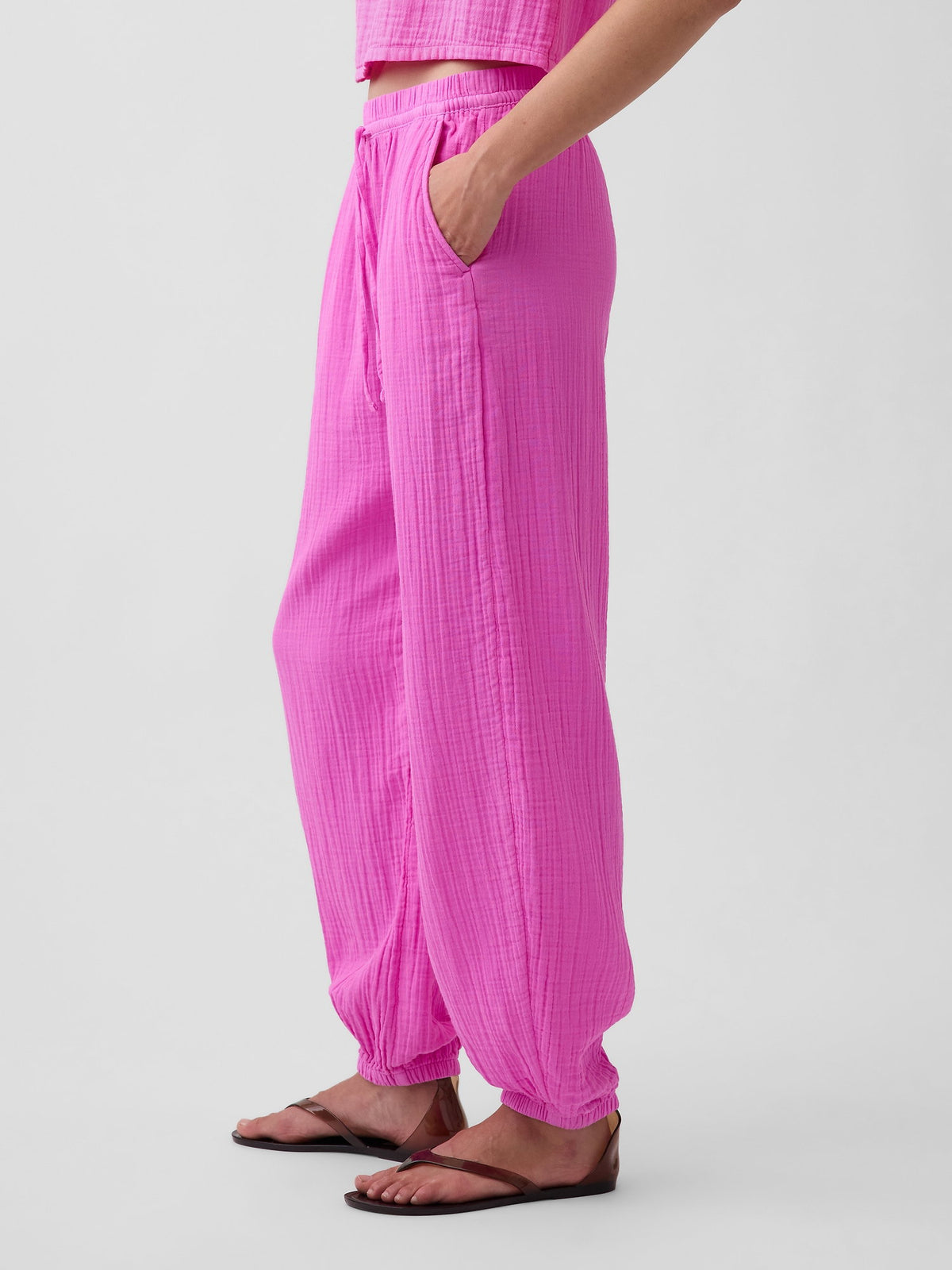 Pembe Pamuk Gauze Barrel Jogger Pantolon