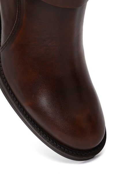 Kadın Kahverengi Tokalı Kalın Topuklu Deri Bot
