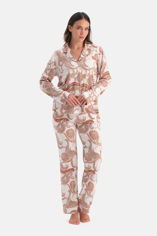 Açık Pembe Şal Desenli Penye Modal Gömlek Pantolon Pijama Takımı