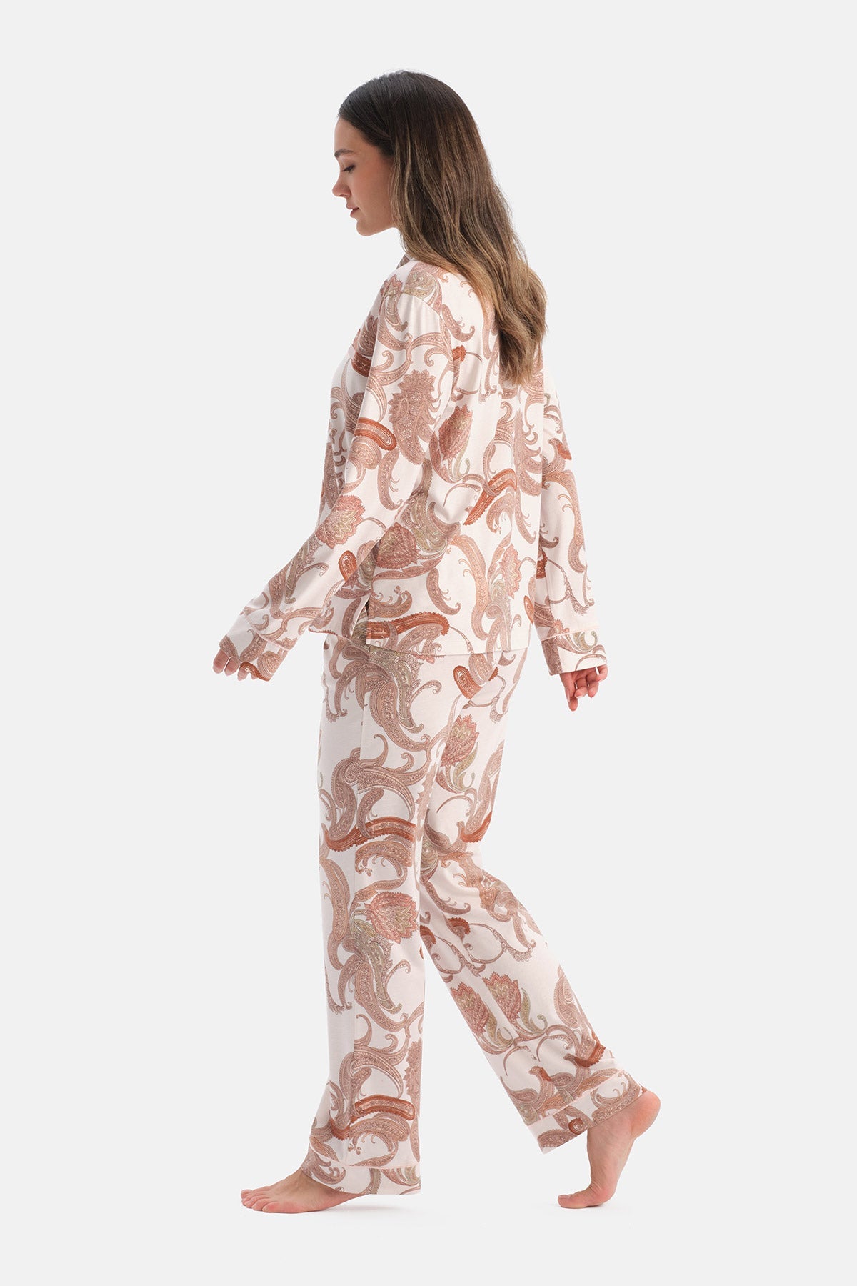 Açık Pembe Şal Desenli Penye Modal Gömlek Pantolon Pijama Takımı