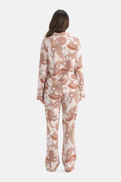 Açık Pembe Şal Desenli Penye Modal Gömlek Pantolon Pijama Takımı