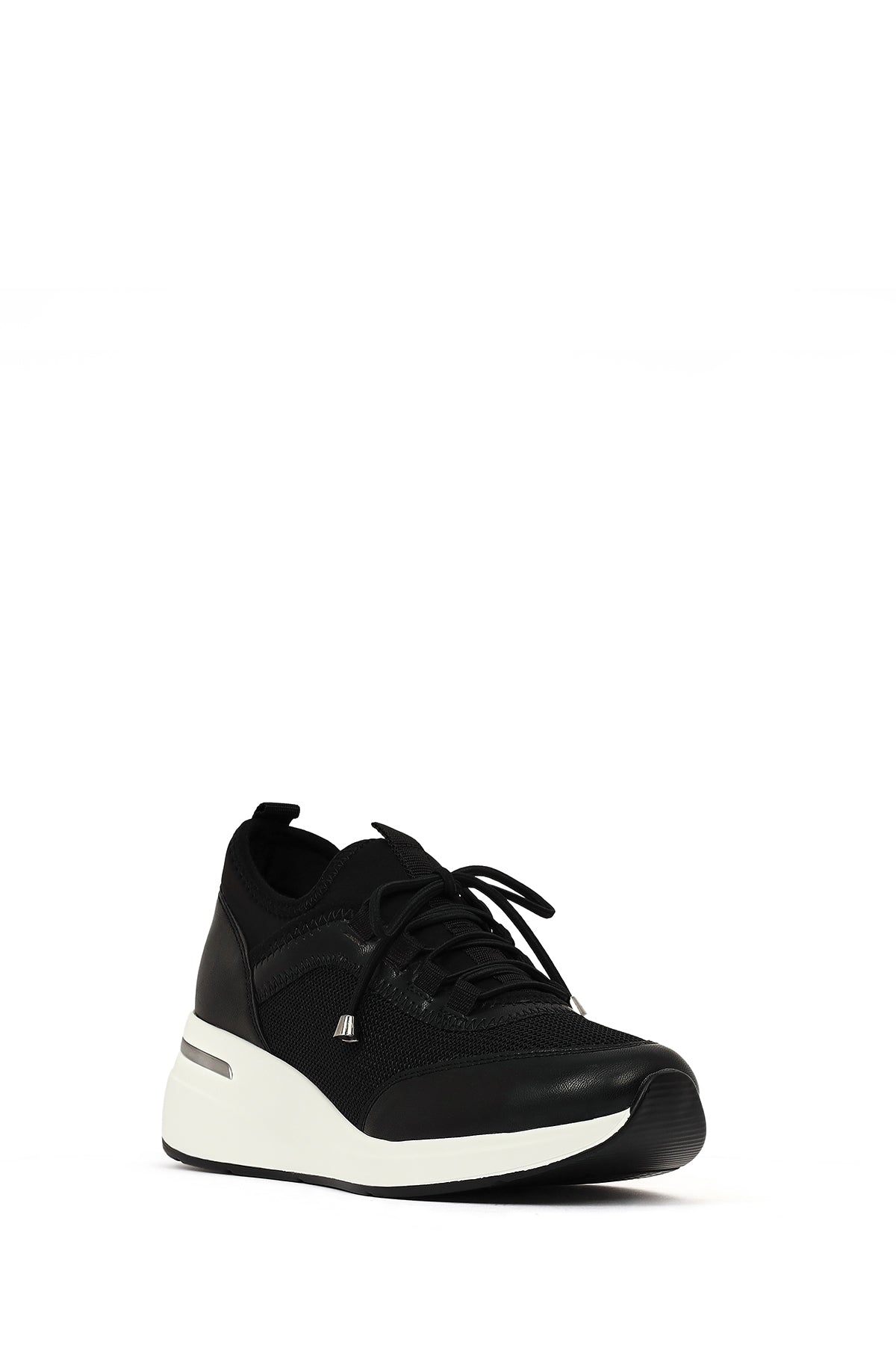 Kadın Siyah Bağcıklı Dolgu Topuklu Sneaker