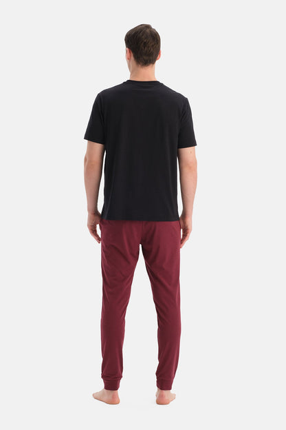 Bordo-siyah Pamuk Modal Örme Ikili Pijama Altı