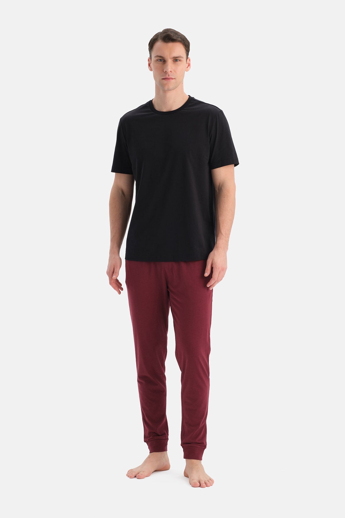 Bordo-siyah Pamuk Modal Örme Ikili Pijama Altı