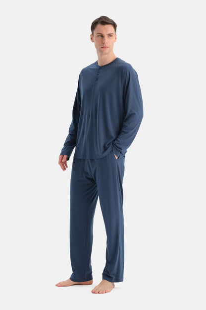 Lacivert Reglan Uzun Kollu Basıc Tişört Pantolon Pijama Takımı