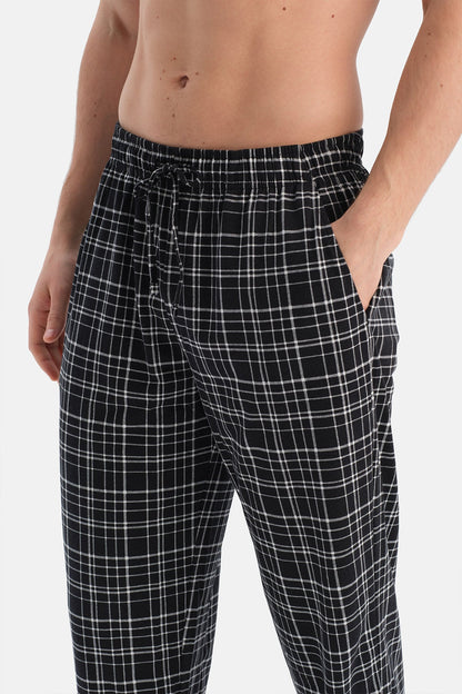 Gri Uzun Kollu Pat Detaylı Tişört Ekose Pantolon Pijama Takımı