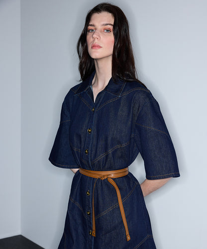 Kontrast Kuşaklı Denim Elbise