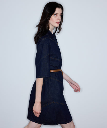 Kontrast Kuşaklı Denim Elbise