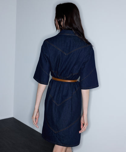 Kontrast Kuşaklı Denim Elbise