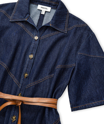 Kontrast Kuşaklı Denim Elbise
