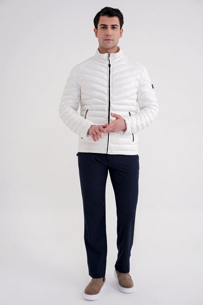 Slim Fit Hakim Yaka Yan Cepli Kaz Tüyü Beyaz Şişme Mont Mt 176