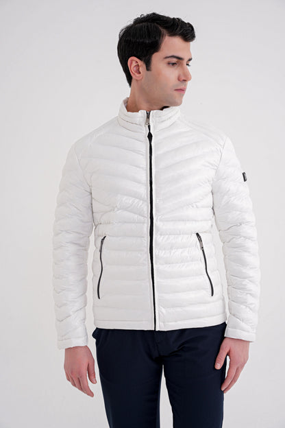 Slim Fit Hakim Yaka Yan Cepli Kaz Tüyü Beyaz Şişme Mont Mt 176