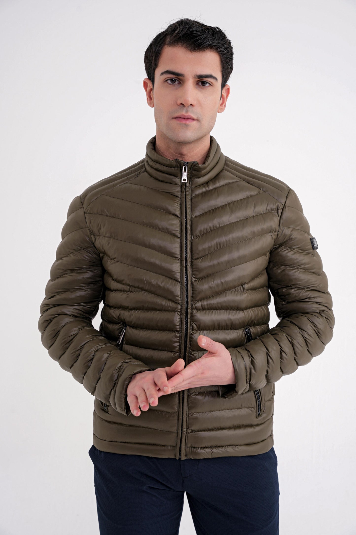 Slim Fit Hakim Yaka Yan Cepli Kaz Tüyü Haki Şişme Mont Mt 176