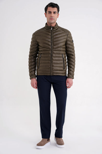 Slim Fit Hakim Yaka Yan Cepli Kaz Tüyü Haki Şişme Mont Mt 176