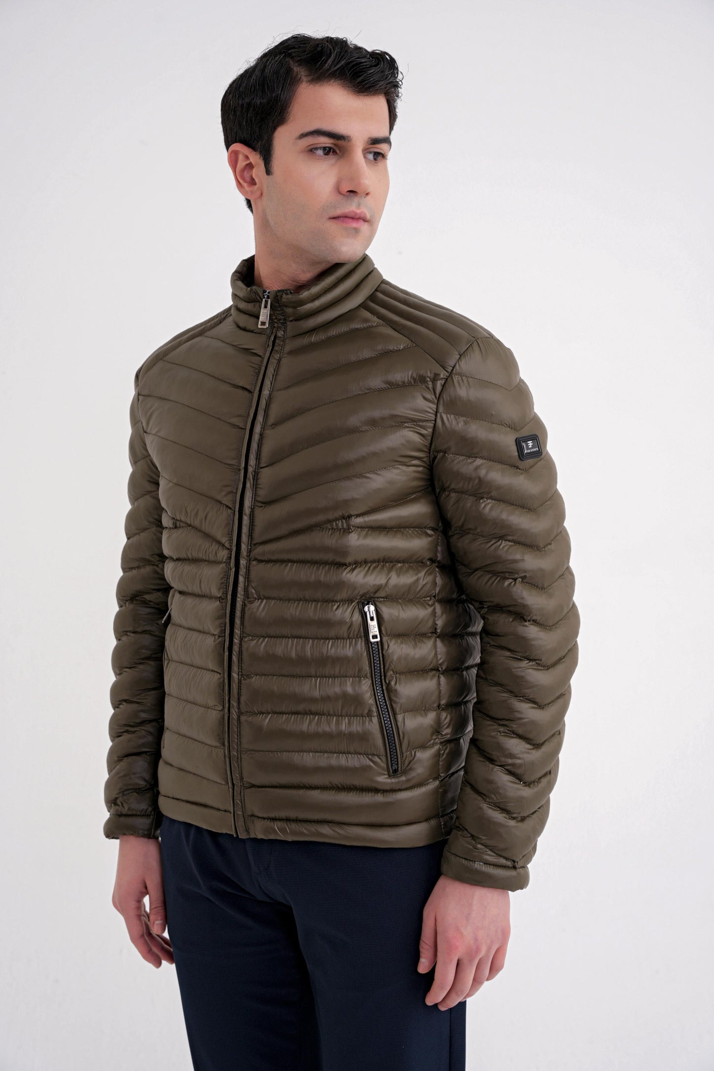 Slim Fit Hakim Yaka Yan Cepli Kaz Tüyü Haki Şişme Mont Mt 176