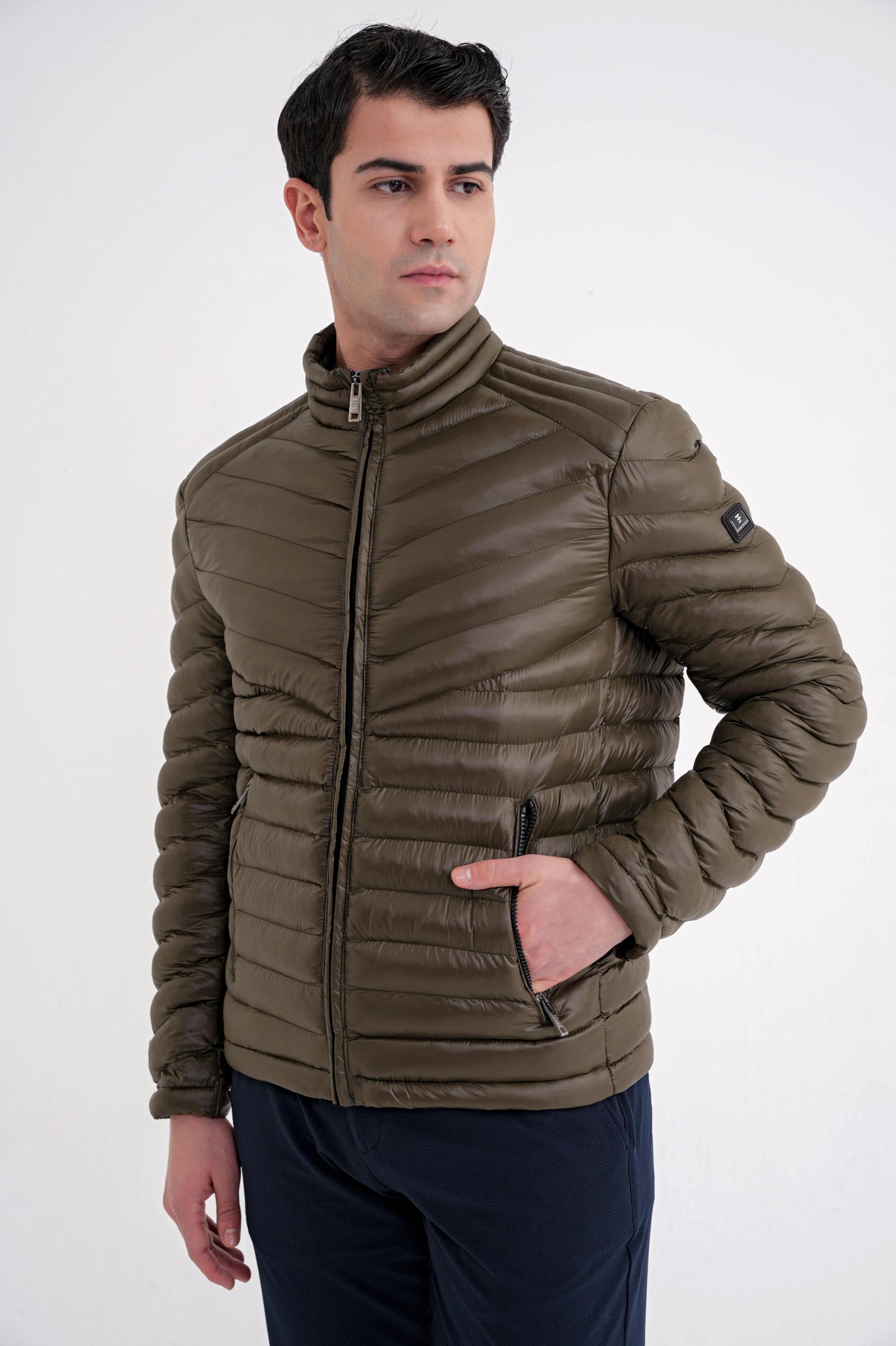 Slim Fit Hakim Yaka Yan Cepli Kaz Tüyü Haki Şişme Mont Mt 176