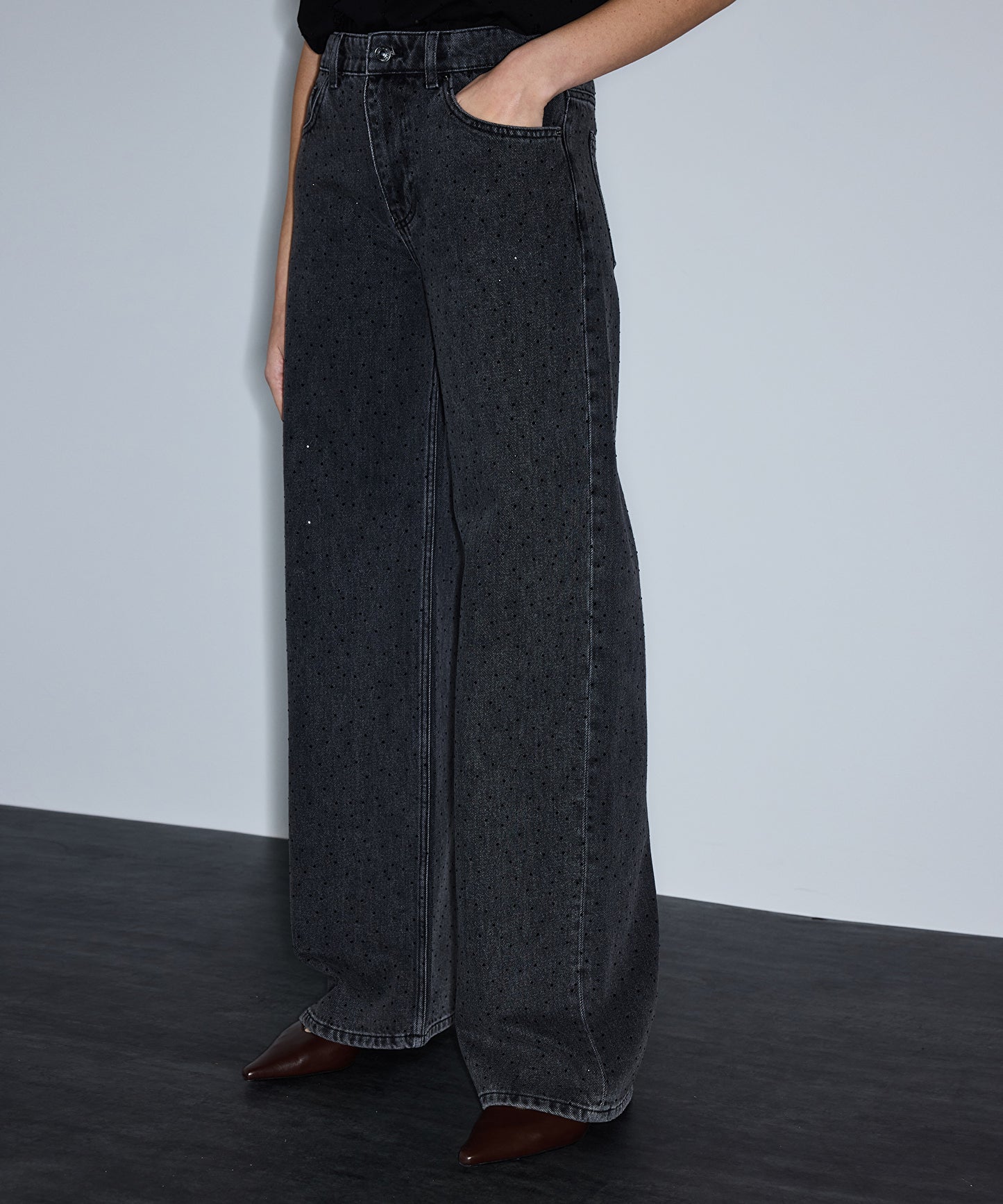 Hotfix Baskılı Wide Leg Jean Pantolon