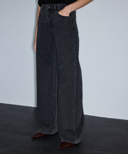 Hotfix Baskılı Wide Leg Jean Pantolon