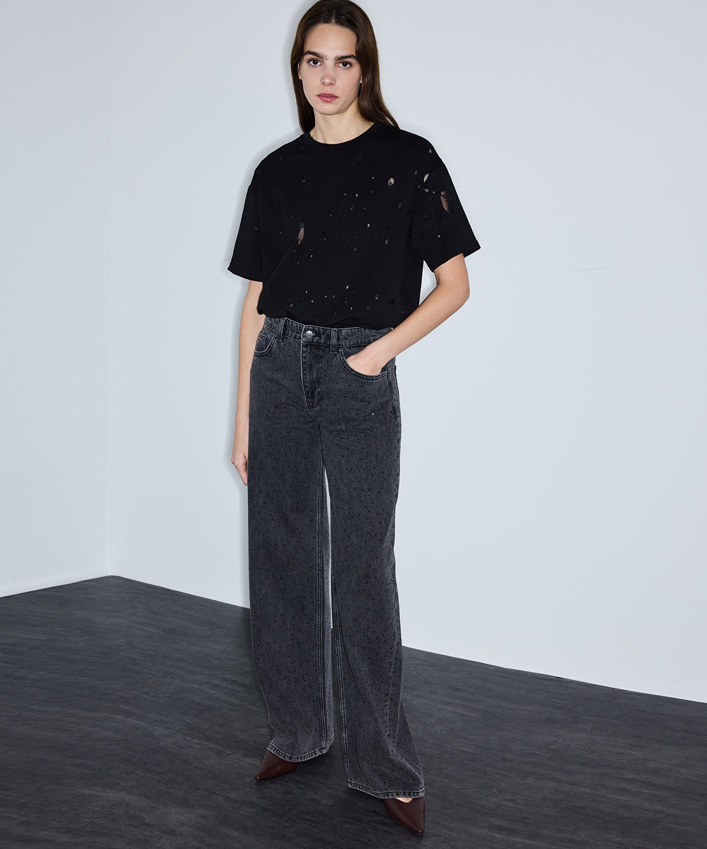 Hotfix Baskılı Wide Leg Jean Pantolon