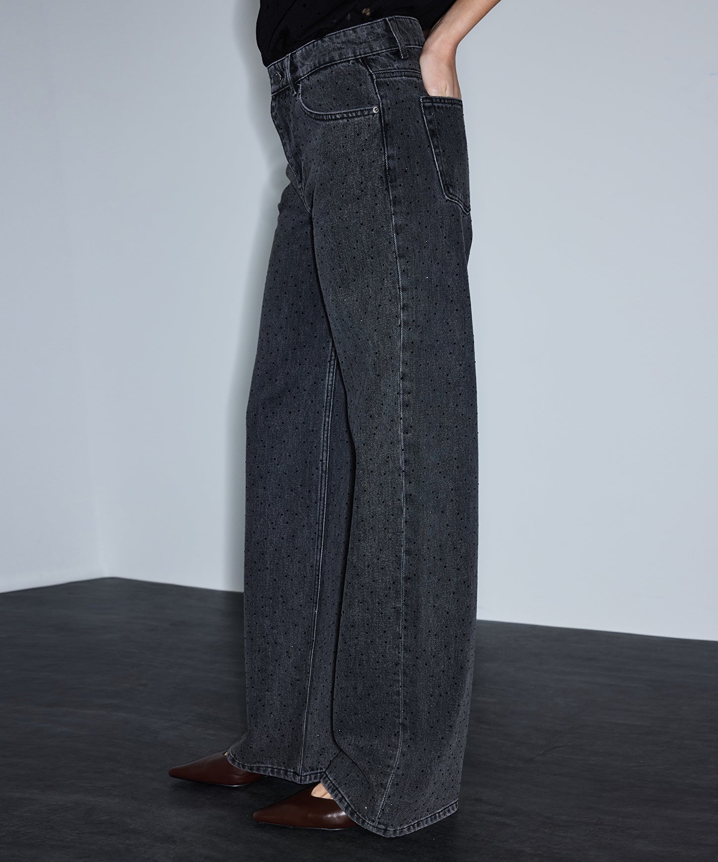Hotfix Baskılı Wide Leg Jean Pantolon