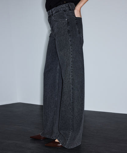 Hotfix Baskılı Wide Leg Jean Pantolon