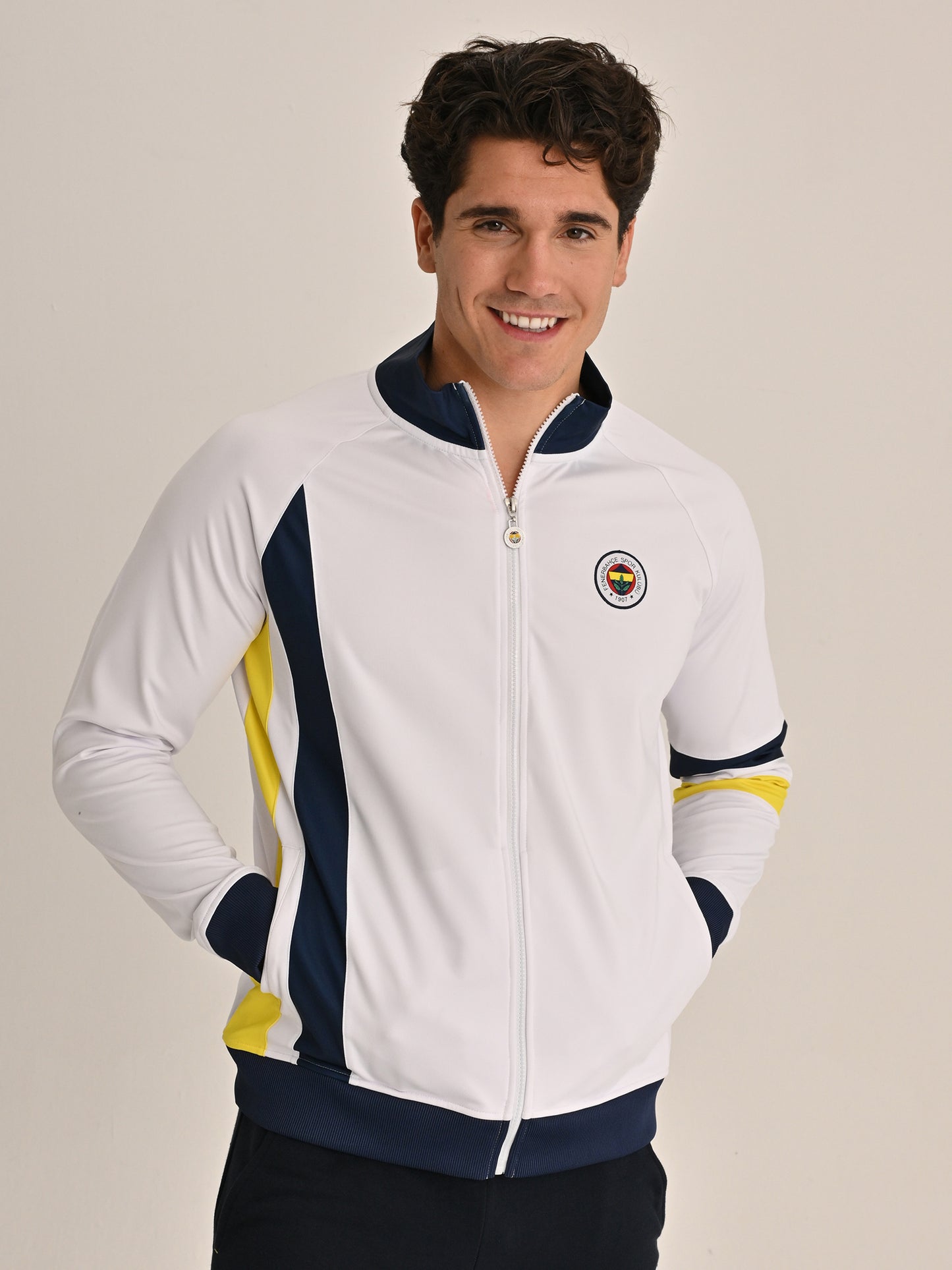 Fenerbahçe Beyaz Tribün Sarı Lacivert Şeritli Erkek Sweatshirt