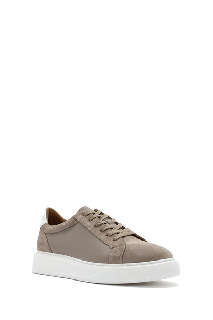 Erkek Bej Bağcıklı Kalın Tabanlı Deri Sneaker