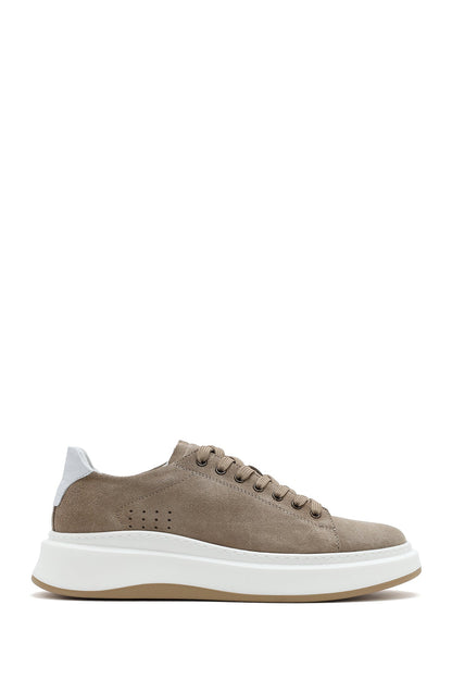 Erkek Bej Bağcıklı Kalın Tabanlı Nubuk Deri Sneaker