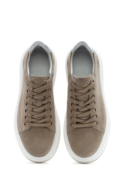 Erkek Bej Bağcıklı Kalın Tabanlı Nubuk Deri Sneaker
