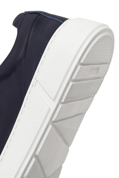 Erkek Lacivert Bağcıklı Kalın Tabanlı Deri Sneaker