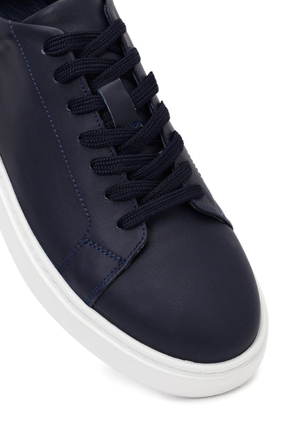 Erkek Lacivert Bağcıklı Kalın Tabanlı Deri Sneaker