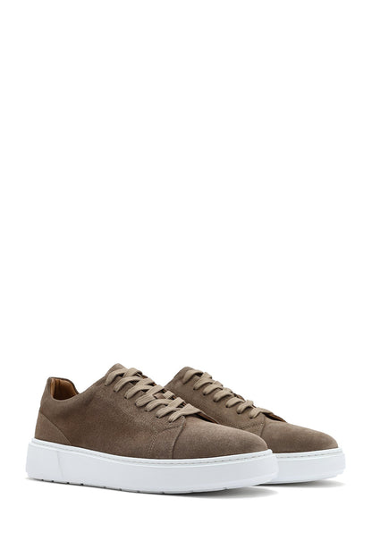 Erkek Bej Bağcıklı Kalın Tabanlı Süet Deri Sneaker