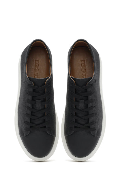 Erkek Siyah Bağcıklı Kalın Tabanlı Deri Sneaker