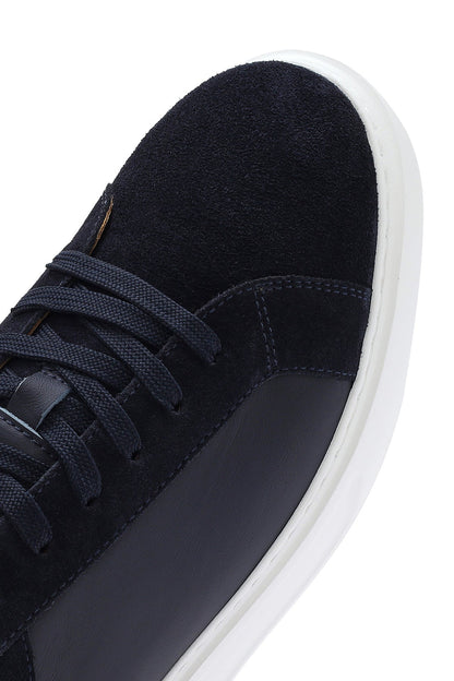 Erkek Lacivert Bağcıklı Kalın Tabanlı Deri Sneaker