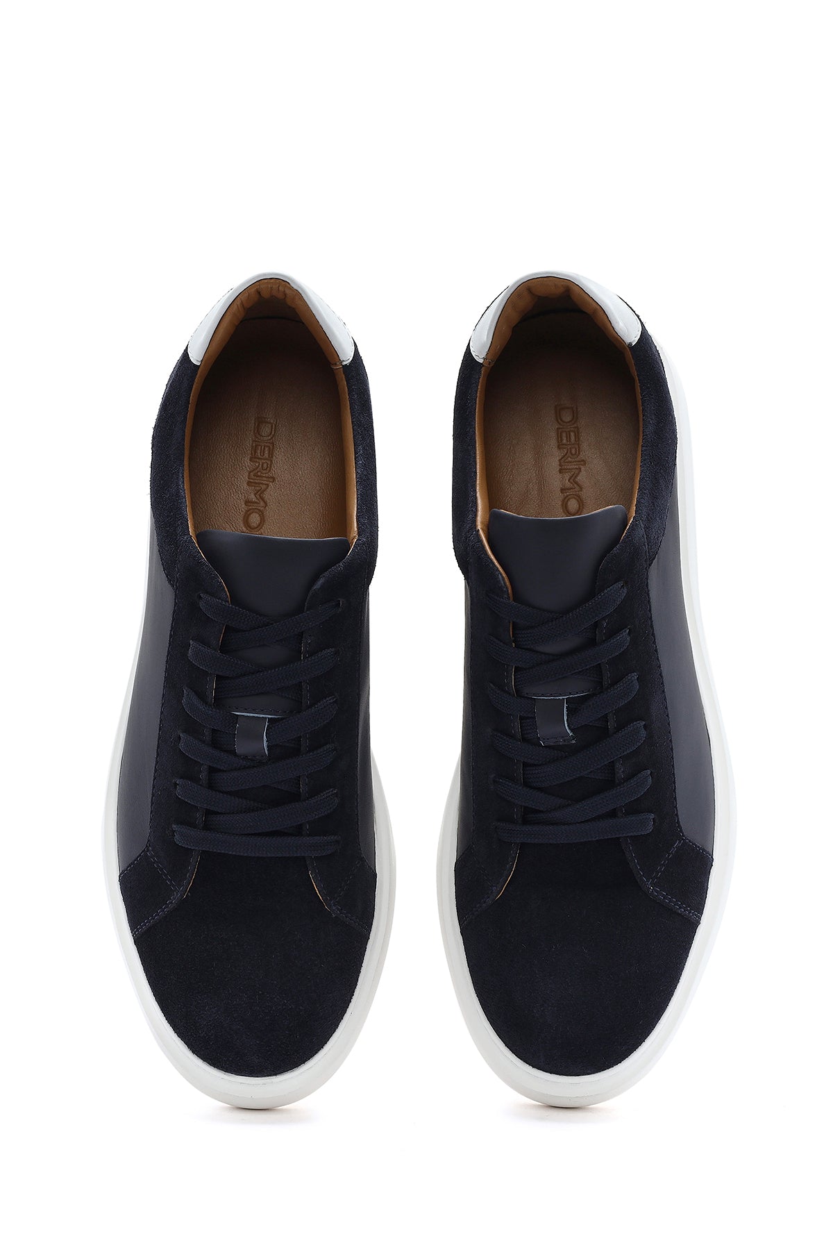 Erkek Lacivert Bağcıklı Kalın Tabanlı Deri Sneaker