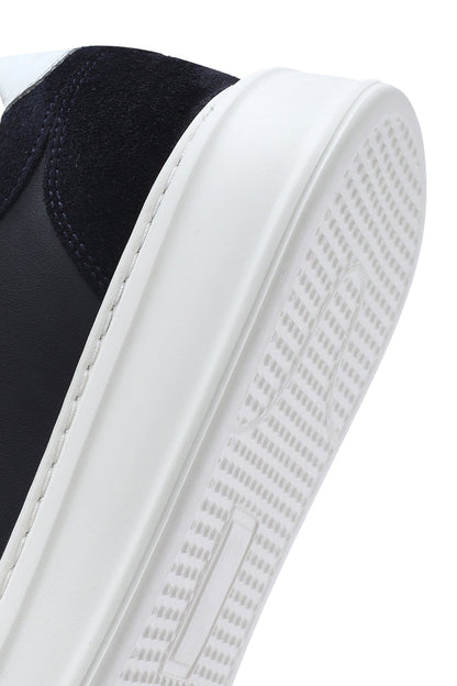 Erkek Lacivert Bağcıklı Kalın Tabanlı Deri Sneaker
