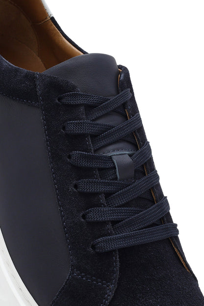 Erkek Lacivert Bağcıklı Kalın Tabanlı Deri Sneaker