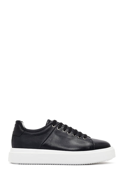 Erkek Siyah Bağcıklı Kalın Tabanlı Deri Sneaker