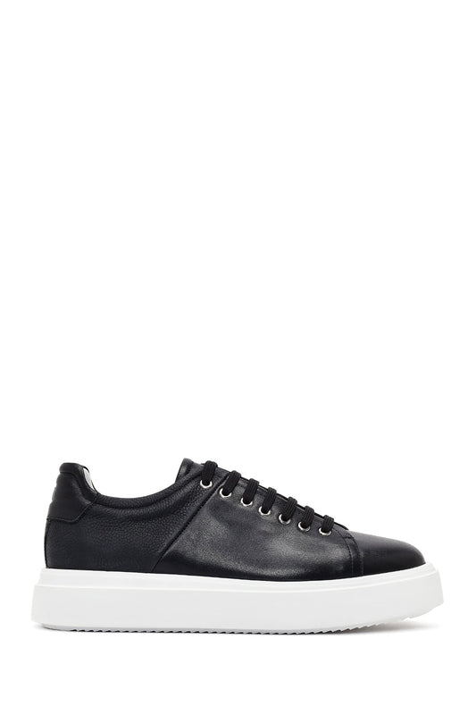Erkek Siyah Bağcıklı Kalın Tabanlı Deri Sneaker