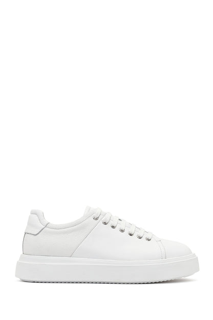 Erkek Beyaz Bağcıklı Kalın Tabanlı Deri Sneaker