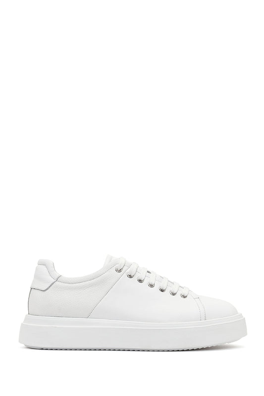 Erkek Beyaz Bağcıklı Kalın Tabanlı Deri Sneaker