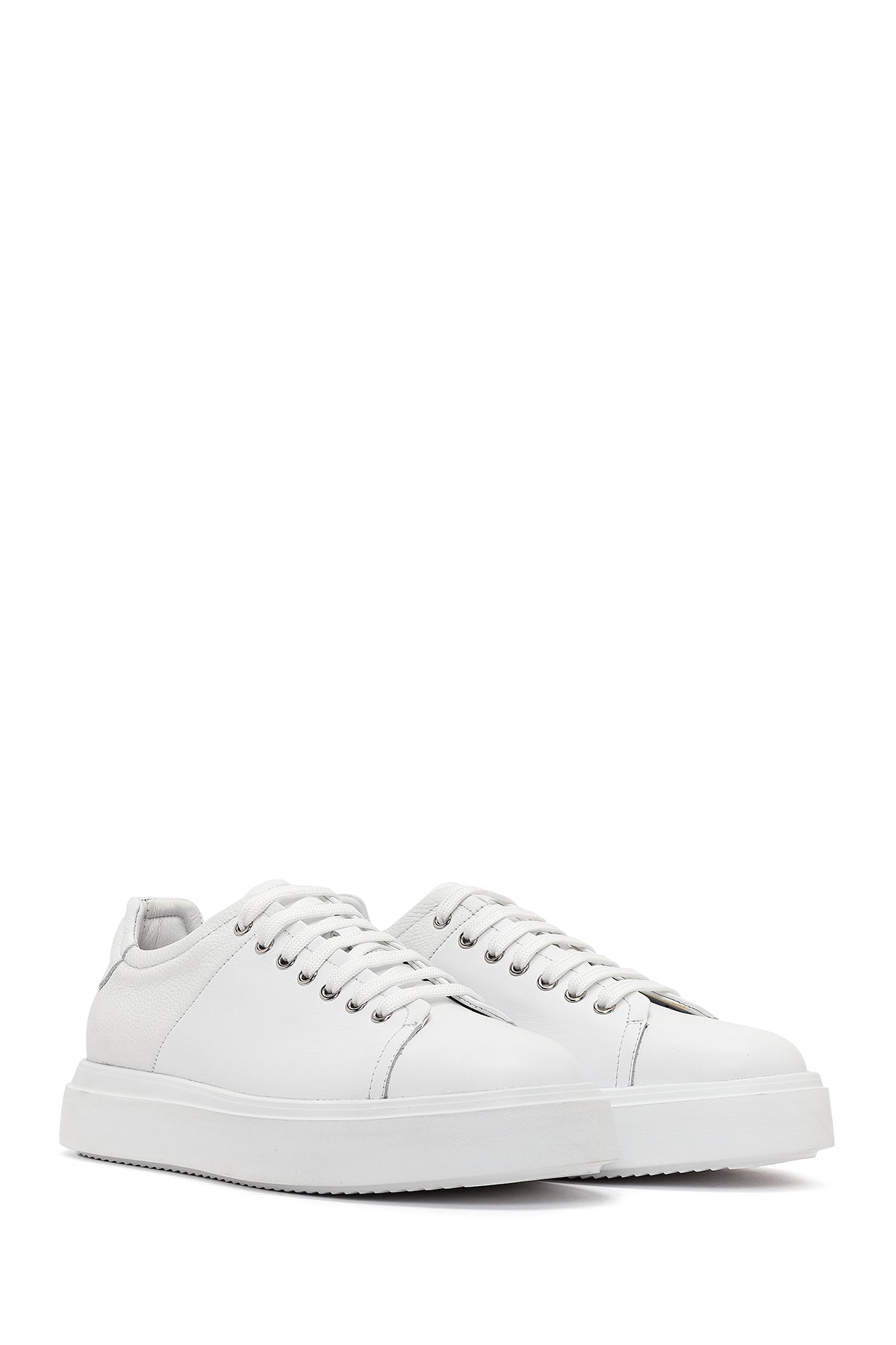 Erkek Beyaz Bağcıklı Kalın Tabanlı Deri Sneaker